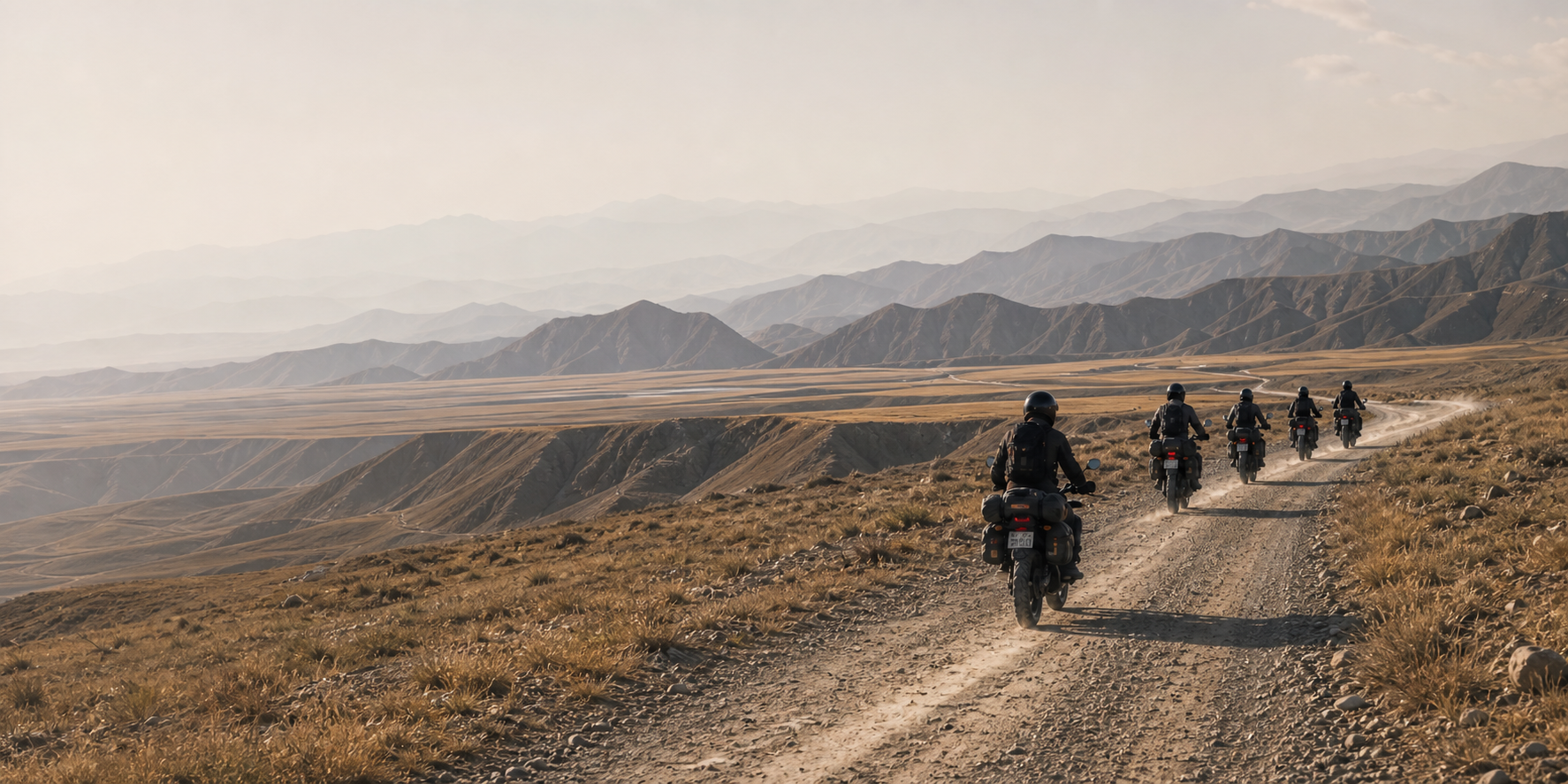 A group of protected riders travelling west across open highland terrain